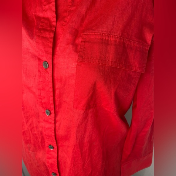 THEORY L Vibrant Sheer Red Button-Up Shirt - Picture 5 of 13